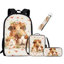 UOIMAG Niedliches Schulranzen-Set für Mädchen und Jungen, Rucksack-Set mit Lunchtasche, Federmäppchen, Schlüsselanhänger, Schulbüchertaschen für Kinder, Meerschweinchen-Blumen, Einheitsgröße, von UOIMAG