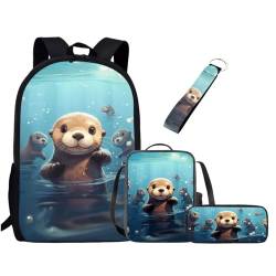 UOIMAG Niedliches Schulranzen-Set für Mädchen und Jungen, Rucksack-Set mit Lunchtasche, Federmäppchen, Schlüsselanhänger, Schulbüchertaschen für Kinder, Otter Blue Water, Einheitsgröße, von UOIMAG