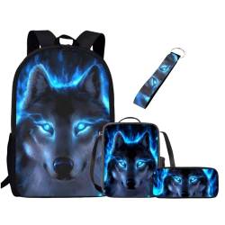 UOIMAG Niedliches Schulranzen-Set für Mädchen und Jungen, Rucksack-Set mit Lunchtasche, Federmäppchen, Schlüsselanhänger, Schulbüchertaschen für Kinder, Wolf Blue Fire, Einheitsgröße, Schulranzen-Set von UOIMAG