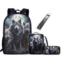 UOIMAG Niedliches Schulranzen-Set für Mädchen und Jungen, Rucksack-Set mit Lunchtasche, Federmäppchen, Schlüsselanhänger, Schulbüchertaschen für Kinder, Wolf Mond, Einheitsgröße, Schulranzen-Set von UOIMAG