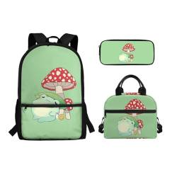 UOIMAG Schulbüchertaschen-Set, 3-teilig, Schultaschen mit Lunchbox, Federmäppchen, für Kinder, lässiger Tagesrucksack, Rucksäcke, Pilzfrosch grün, Einheitsgröße, Schulranzen-Set von UOIMAG