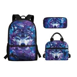 UOIMAG Schulbüchertaschen-Set, 3-teilig, Schultaschen mit Lunchbox, Federmäppchen, für Kinder, lässiger Tagesrucksack, Rucksäcke, Wolf Galaxie, Einheitsgröße, Schulranzen-Set von UOIMAG