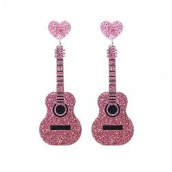 Pinke Pailletten-Gitarre-Ohrhänger Aus Acryl Für Damen - Modischer Gitarren-Anhänger, Ohrstecker, Ohrhänger, Musik-Ornament, Charme, Schicker Schmuck, Übertriebene Accessoires, Mädchen-Geschenk von UOMSKTY