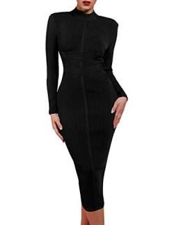 UONBOX Damen Lange Ärmel Kreuz Träger Gerippt Club Party Midi Bodycon Bandage Kleid - Schwarz - Mittel von UONBOX