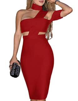 UONBOX Damen Neckholder Sexy Cut Out Bustline Midi Clubwear Bodycon Bandage Kleid, rot, Groß von UONBOX