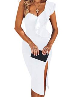 UONBOX Damen One Shoulder Ärmellos Knielang Side Split Fashion Bandage Kleid, Weiss/opulenter Garten, Mittel von UONBOX