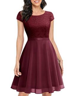 UOTORI Damen Abendkleid Cocktailkleid Kurz Elegant Spitzenkleid Chiffon Rundhalsausschnitt Brautkleid Burgundy XXL von UOTORI