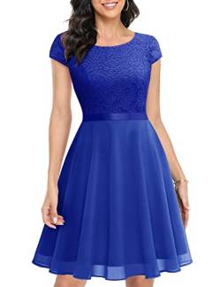 UOTORI Damen Cocktailkleid Kurz Abendkleider Elegant für Hochzeit Spitzenkleid Rundhalsausschnitt Brautkleid Royalblau XL von UOTORI