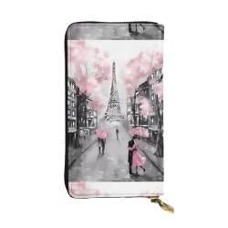 Paris Street Eiffelturm Rosa Blumenmuster Unisex Leder Reißverschluss Geldbörse Kosmetiktasche für Party Reise Urlaub Geschenke, Schwarz , Einheitsgröße von UPIKIT