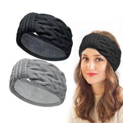 UQTUKO Stirnband Damen Winter, 2Pcs Stirnbänder Damen Winter Gestrickte Verdicken Haarreifen Mädchen Frauen Headwrap Kopfband Elastische fleece Haarband für Sport, Einkaufen, Laufen, Schwarz+Grau von UQTUKO