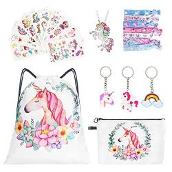 URAQT 23 Stück Einhorn Kordelzug Rucksack Geschenke für Mädchen/Make-up Tasche/Haargummis/Geldbörse/Schlüsselanhänger/Armbänder als Partygeschenk, Blütenfarbe von URAQT