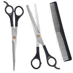 URAQT Haarschere Set, 2 Scharfe Professionell Scheren-Sets, Licht Einseitiger Effilierer, Scharfe Friseurscheren, Haarschneideschere, Kamm, für Damen,Herren,Kinder,Haustier, Schwarz von URAQT