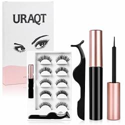 URAQT Magnetische Wimpern, 5 Paare 3D Dicke Lange Künstliche Falsche Eyelashes, Eyeliner, Natürlich Magnet Set mit Zange, Wasserdicht und Wiederverwendbar von URAQT