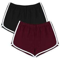 URATOT 2er-Pack Baumwolle Sport Booty Shorts Yoga Tanzen Schlafen kurze Hosen Sommer Athletic Shorts, Schwarz, Jujube Rot, Mittel von URATOT