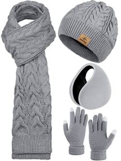 URATOT 4 Pack Winter Strick Set Dicke Strickmütze Hut Schal Handschuhe Ohrwärmer für Männer oder Frauen von URATOT