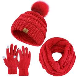 URATOT Warmes Strickset für den Winter, Beanie mit Bommel, Mütze, , Wintergesichtsschutz, Touchscreen-Handschuhe, Schal-Set für Herren und Damen, Rot/Ausflug, einfarbig (Getaway Solids), Medium von URATOT