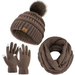 URATOT Warmes Strickset für den Winter, Beanie mit Bommel, Mütze, Schals, Wintergesichtsschutz, Touchscreen-Handschuhe, Schal-Set für Herren und Damen, Khaki, Medium von URATOT