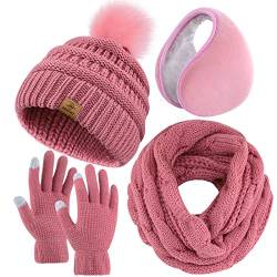 URATOT Winter-Set mit Strickschal, Pompon-Mütze, Touchscreen-Handschuhe und Ohrenwärmern, warmes Set für Damen und Herren, Pink, Medium von URATOT
