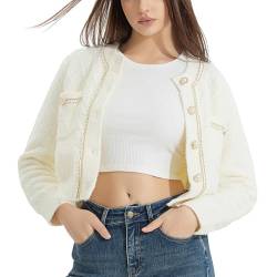 URBAN REVIVO Damen Casual Cardigans Open Front Chunky Short Cardigan Pearl Button Long Sleeve Cropped Sweater Outwear, Weiß mit Rautenmuster, Groß von URBAN REVIVO