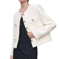 URBAN REVIVO Damen Langarm Cropped Tweed Jacke mit Tasche Elegant Slim Fit Arbeit Büro Business Kurz Tweed Blazer, Weißes Stil1, L von URBAN REVIVO