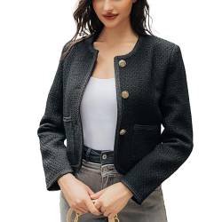 URBAN REVIVO Damen Langarm Cropped Tweed Jacke mit Tasche Elegant Slim Fit Arbeit Büro Business Kurz Tweed Blazer, schwarz, Stil 1, M von URBAN REVIVO