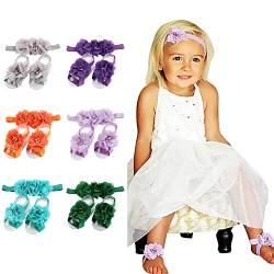 6 Paare Satin Shabby Blume Baby Stirnband Mädchen & Baby Kleinkind Barfußsandalen mit Blumen, Neugeborene Stirnbänder Haarbänder für Baby Mädchen Kleinkinder 0-6 Monate 2 3 Jahre von URFEDA