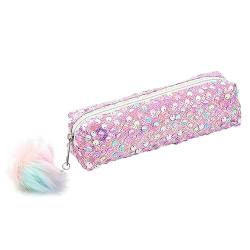 Mäppchen Glitzer Pailletten Federmäppchen Mädchen Teenager Stiftemappe Klein Tragbare Schreibwaren-Tasche Stiftetasche Pencil Case mit Plüsch Ball Damen Kosmetiktasche für Frauen Bleistifttasche von URFEDA