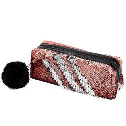 Pailletten Federmäppchen mit Plüsch Ball,Paillette Federtasche Stiftetasche Stiftemappe Klein Bleistift Tasche Tragbare Pencil Case Bling Glitzer Kosmetiktasche für Mädchen Frauen Bleistifttasche von URFEDA