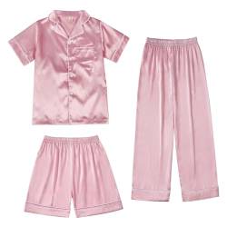 URMAGIC 3PCS Mädchen Satin Pyjamas Sets Seide Pjs Stet für Mädchen Sommer Frühling Pyjamas Kurze Ärmel Nachtwäsche Schlafanzug Geschenke für Mädchen 4 5 6 7 8 9 10 11 12 13 14 Jahre von URMAGIC