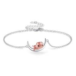 URONE Schwein-Armband aus Sterlingsilber Schwein auf Mond-Anhänger Armband Schweinchen-Schmuck Geschenke für Frauen die Schweine Lieben von URONE