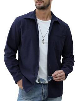 URRU Herren Cordhemd Knopfleiste Waffel Casual Langarm Shacket Jacken mit Tasche, Marineblau, XL von URRU