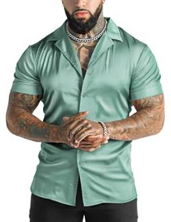 URRU Herren Luxus Glänzend Seide Like Satin Kleid Hemd Cuban Kragen Kurzarm Casual Slim Fit Muscle Button Up Shirts, Hellgrün, Klein von URRU