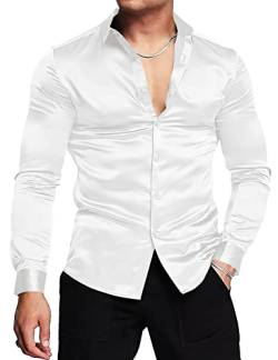 URRU Herren Luxus Glänzend Seide Like Satin Kleid Hemd Langarm Casual Slim Fit Muscle Button Up Shirts, Weiß, Mittel von URRU