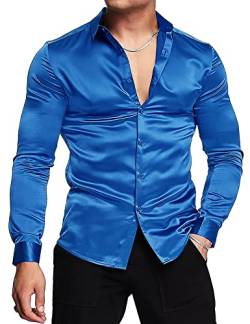 URRU Herren Luxus Glänzend Seide Like Satin Kleid Hemd Langarm Casual Slim Fit Muscle Button Up Shirts, königsblau, Klein von URRU