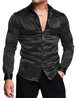 URRU Herren Luxus Glänzend Seide Like Satin Kleid Hemd Langarm Casual Slim Fit Muscle Button Up Shirts, schwarz, Groß von URRU