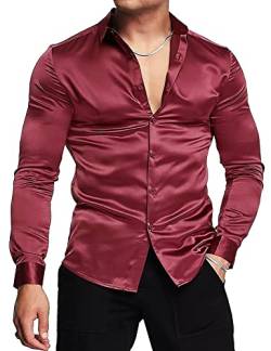 URRU Herren Luxus Glänzend Seide Like Satin Kleid Hemd Langarm Casual Slim Fit Muscle Button Up Shirts, weinrot, Groß von URRU