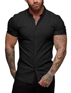 URRU Herren Muscle Dress Shirts Slim Fit Stretch Kurzarm Casual Button Down Shirts für Männer, Kurzarm-schwarz, XL von URRU