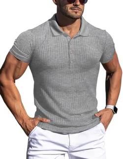 URRU Herren Muscle T Shirts Stretch Kurzarm Workout Tee Casual Slim Fit Polo Shirt - Grau - Groß von URRU