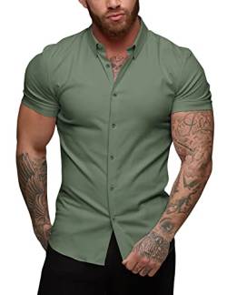 URRU Herren Muskel Business Kleid Hemden Regular Fit Stretch Kurzarm Casual Button Down Hemden Armee Grün L von URRU