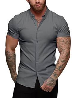 URRU Herren Muskel Business Kleid Hemden Regular Fit Stretch Kurzarm Casual Button Down Hemden Dunkelgrau L von URRU