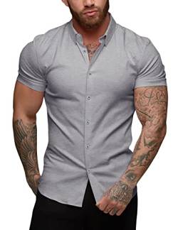 URRU Herren Muskel Business Kleid Hemden Regular Fit Stretch Kurzarm Casual Button Down Hemden Grau L von URRU