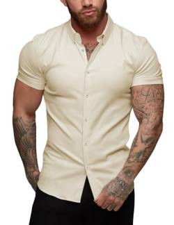 URRU Herren Muskel Business Kleid Hemden Regular Fit Stretch Kurzarm Casual Button Down Hemden Khaki L von URRU
