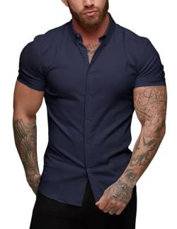 URRU Herren Muskel Business Kleid Hemden Regular Fit Stretch Kurzarm Casual Button Down Hemden Marineblau M von URRU