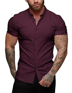 URRU Herren Muskel Business Kleid Hemden Regular Fit Stretch Kurzarm Casual Button Down Hemden Weinrot M von URRU