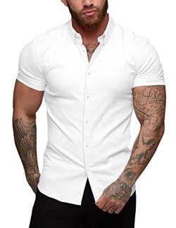 URRU Herren Muskel Business Kleid Hemden Regular Fit Stretch Kurzarm Casual Button Down Hemden Weiß XXL von URRU