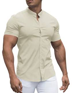 URRU Herren Muskel Hemd Regular Fit Stretch Stehkragen Kurzarm Casual Button Down Hemden Helles Khaki L von URRU