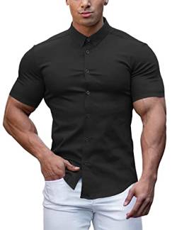URRU Herren Muskel Kleid Hemden Slim Fit Stretch Lang&Kurzarm Casual Button Down Shirt, Kurzarm-schwarz, Klein von URRU