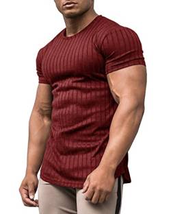 URRU Herren Muskel-T-Shirt, Stretch, kurzärmelig, Bodybuilding, Workout, lässig, Slim Fit Tee Shirts, weinrot, Mittel von URRU