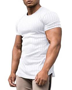 URRU Herren Muskel-T-Shirts Stretch Kurzarm Bodybuilding Workout Casual Slim Fit T-Shirts, Weiss/opulenter Garten, Klein von URRU