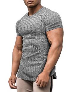 URRU Herren Muskel T Shirts Stretch Kurzarm Bodybuilding Workout Casual Slim Fit Tee Shirts, GRAU, Klein von URRU